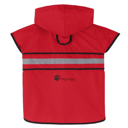 Red dog raincoat with reflective strip and dogtogs logo on a white background