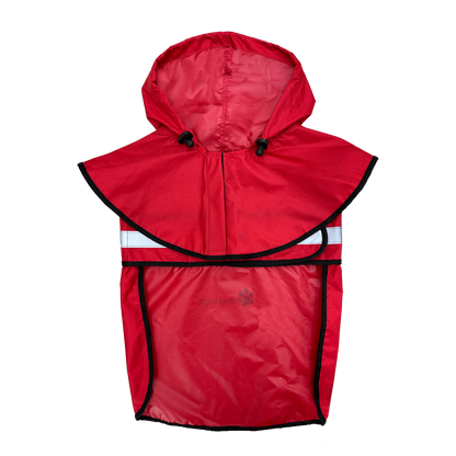 Red raincoat with reflective stripes on a white background