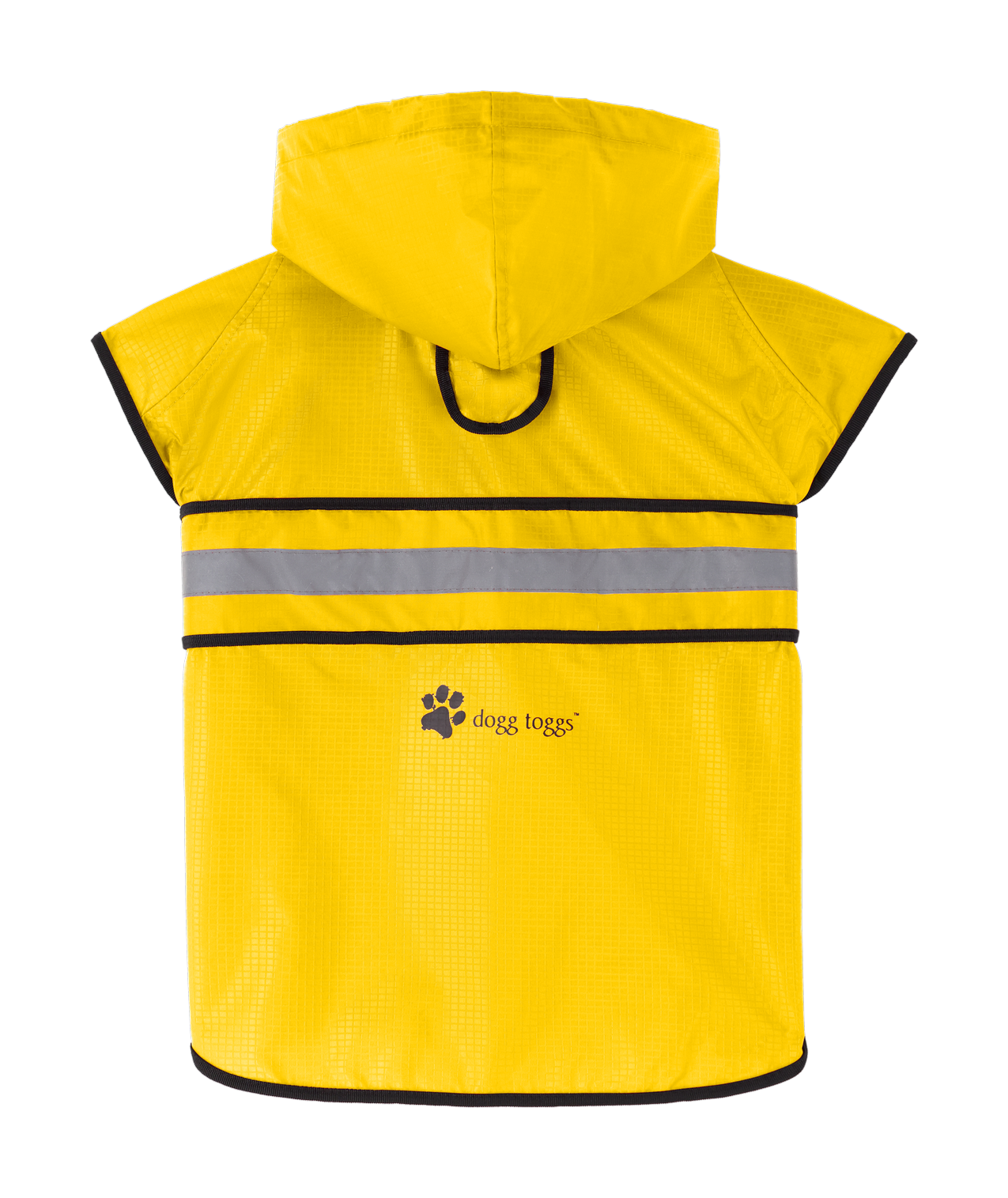 Yellow raincoat with reflective strip and dog tags logo on a white background