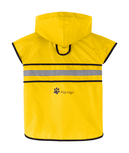 Yellow raincoat with reflective strip and dog tags logo on a white background