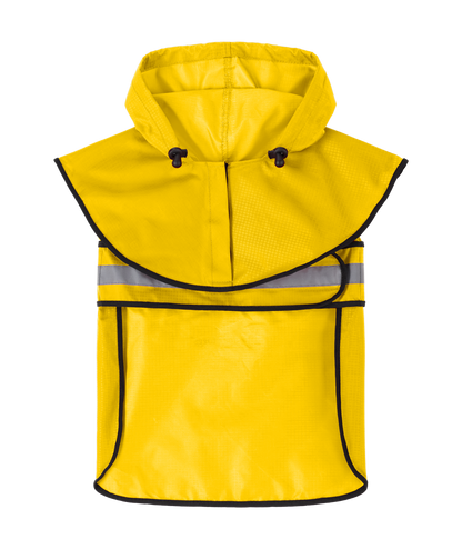 Yellow raincoat with reflective stripes on a white background