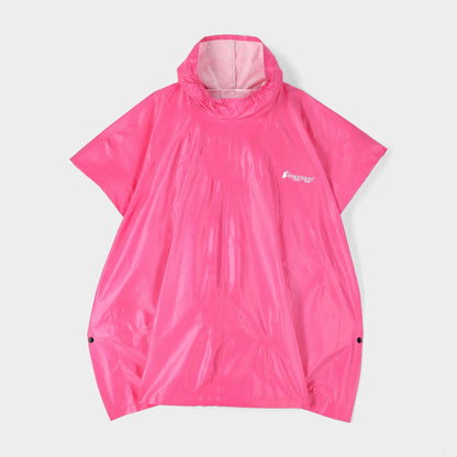Pink rain poncho with a brand logo on a light gray background