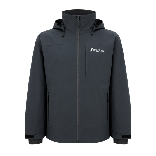 A dark gray hooded frogg toggs rain jacket with a full front zipper, zippered chest pocket, and adjustable cuffs, shown on a plain white background. The brand name "frogg toggs" is printed in white on the left chest