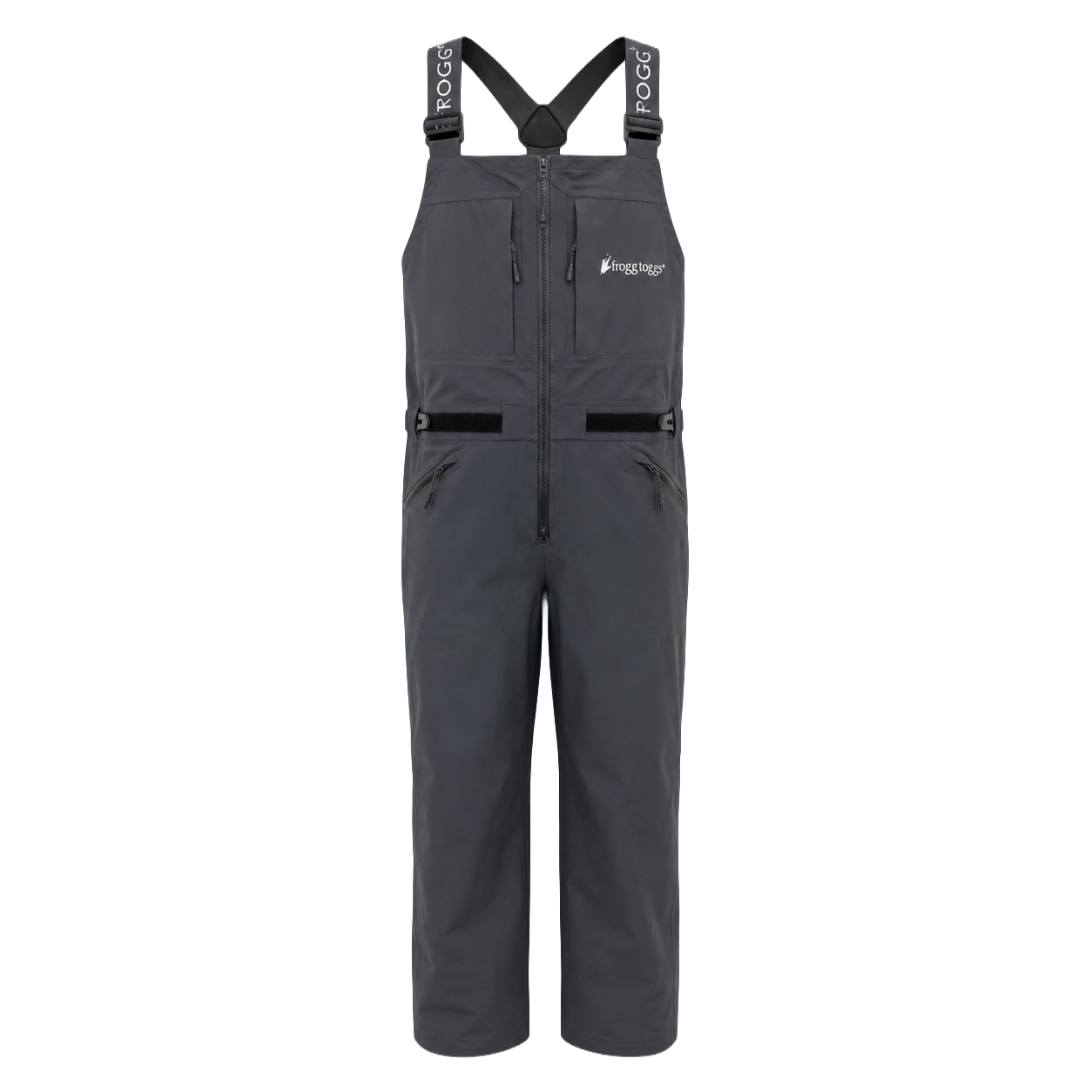 Dark gray frogg toggs overalls with black adjustable shoulder straps, a front zipper, and zippered pockets