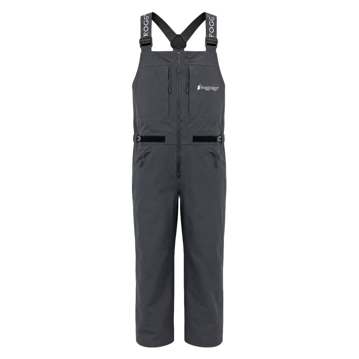 Dark gray frogg toggs overalls with black adjustable shoulder straps, a front zipper, and zippered pockets