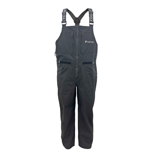 Dark gray bib overalls with suspenders on a white background