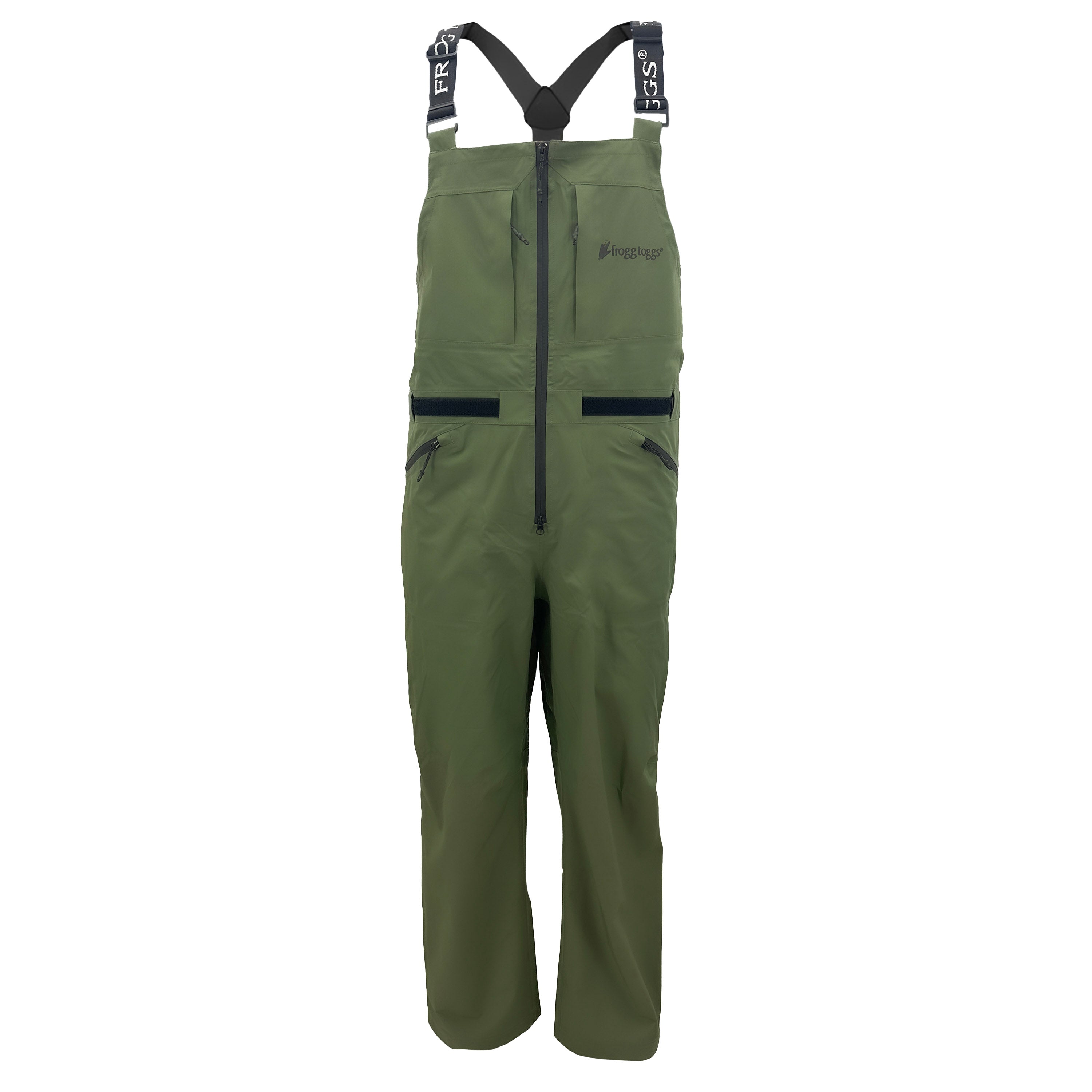 Green bib overalls with suspenders on a white background