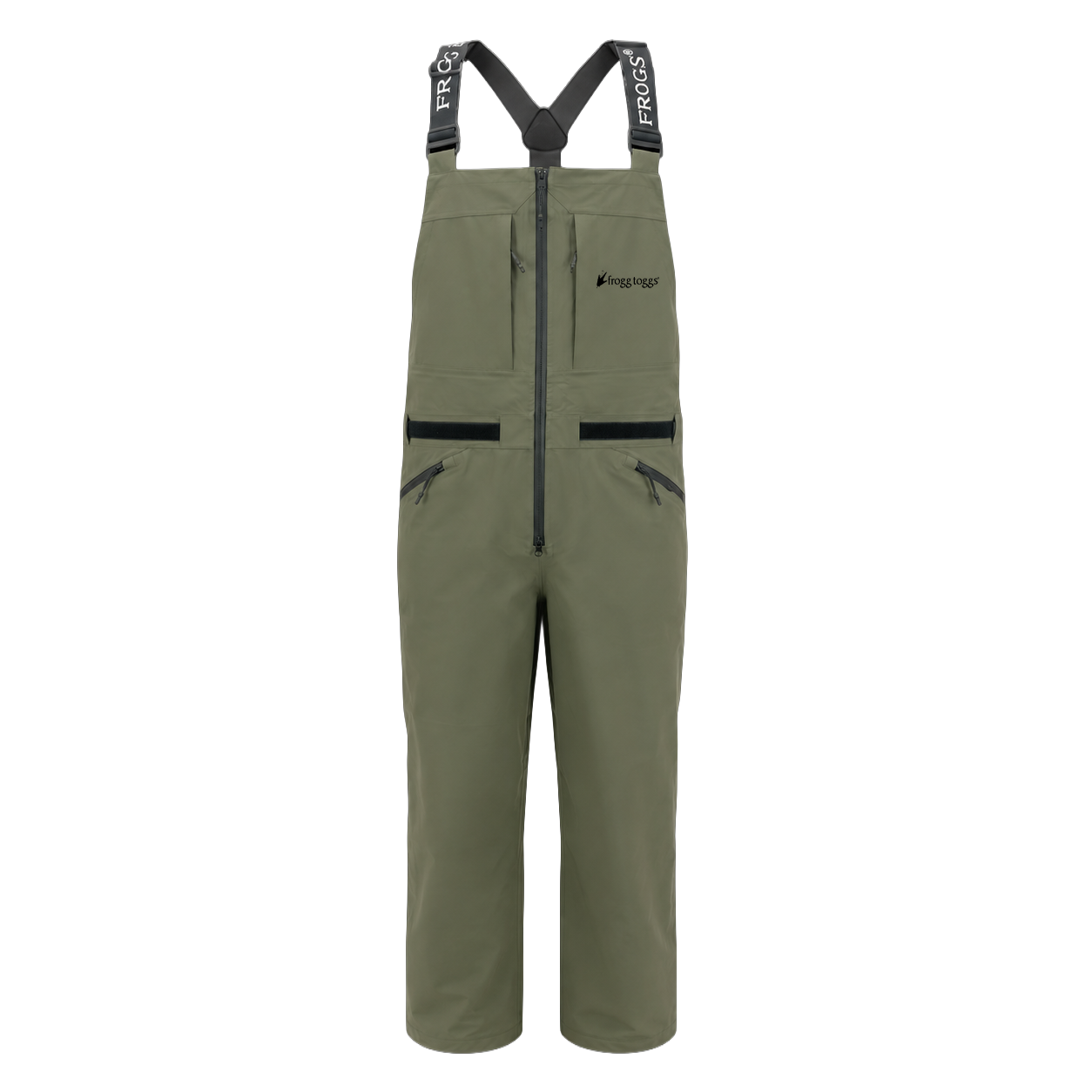 Olive green waterproof frogg toggs overalls with black suspenders, a front zipper, and zippered pockets, shown on a plain white background