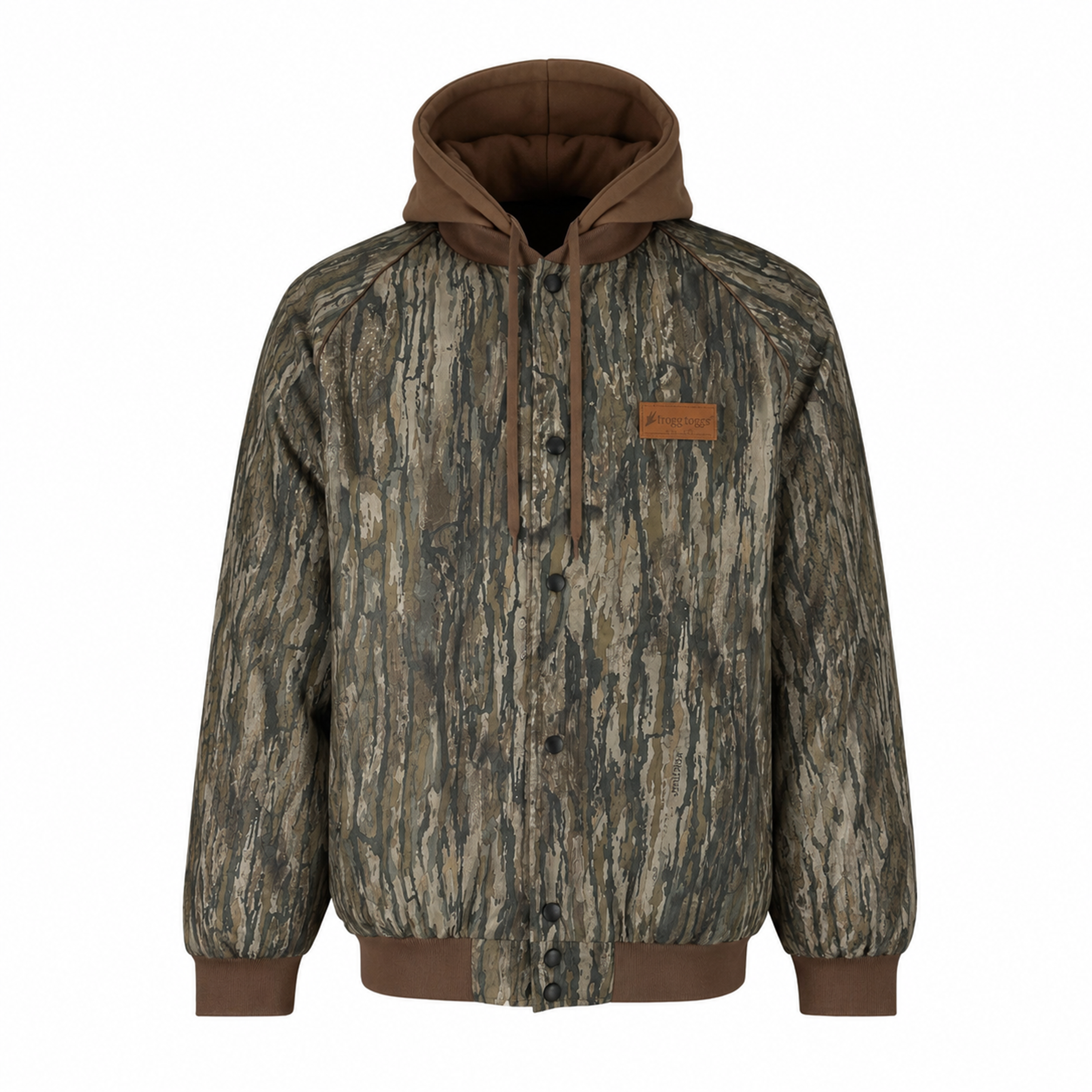 A hooded jacket with a brown and green tree bark camouflage pattern, featuring a brown hood lining, brown drawstrings, and a small brown leather patch on the left chest.