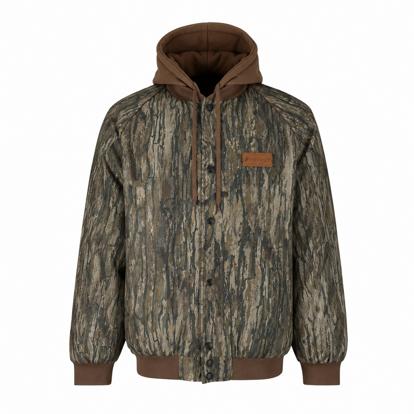 A hooded jacket with a brown and green tree bark camouflage pattern, featuring a brown hood lining, brown drawstrings, and a small brown leather patch on the left chest.