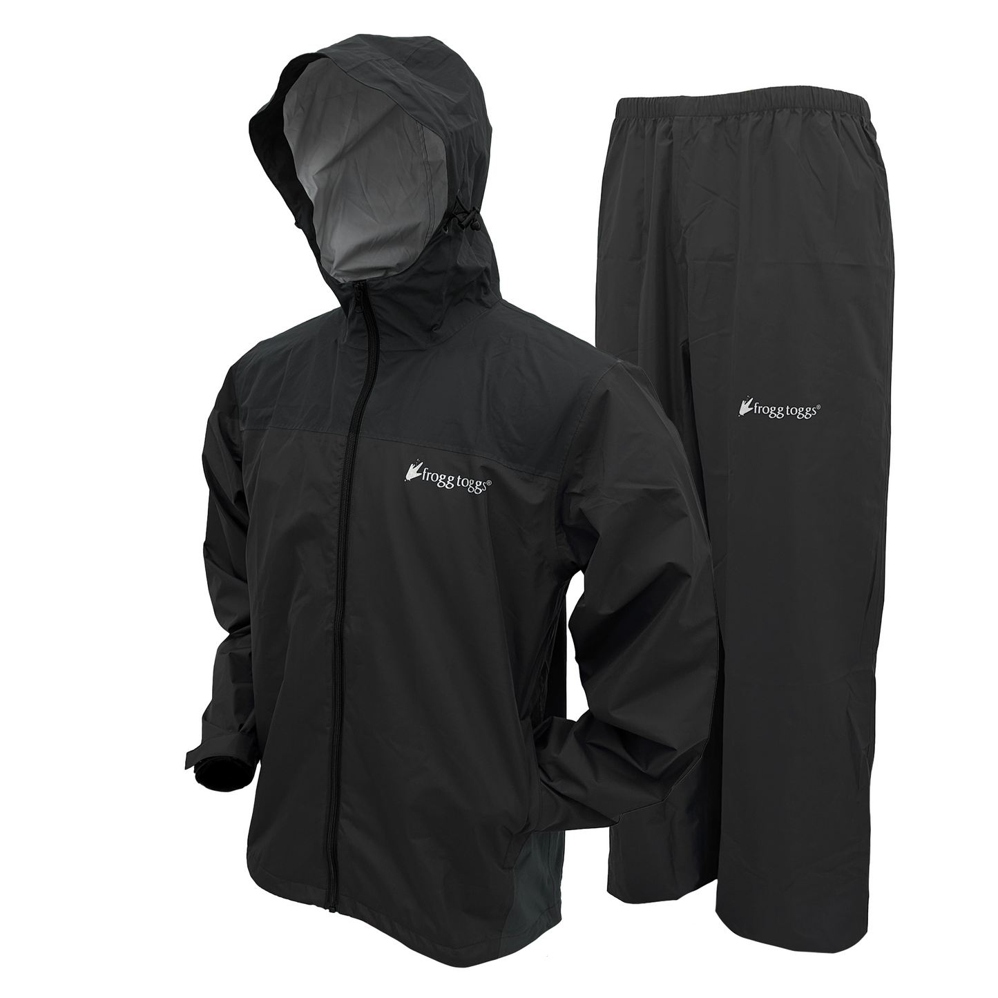 Black raincoat and pants set with logo on a white background