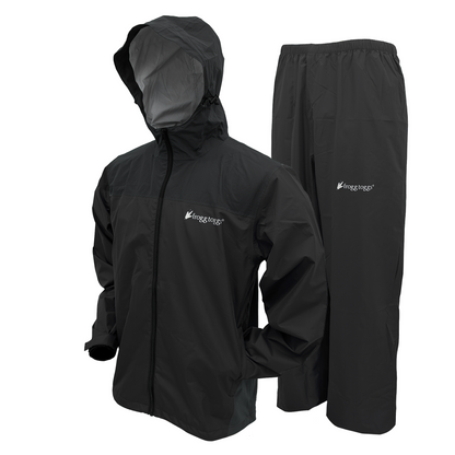 Black raincoat and pants set with logo on a white background