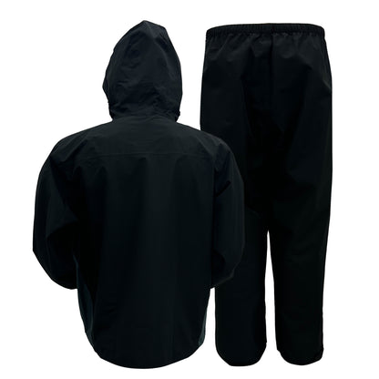 Black raincoat and pants set on a white background