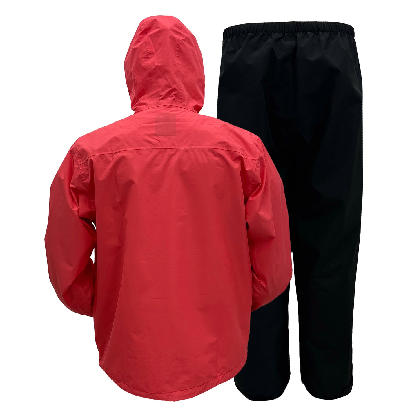 Reddish pink raincoat and black rain pants on a white background