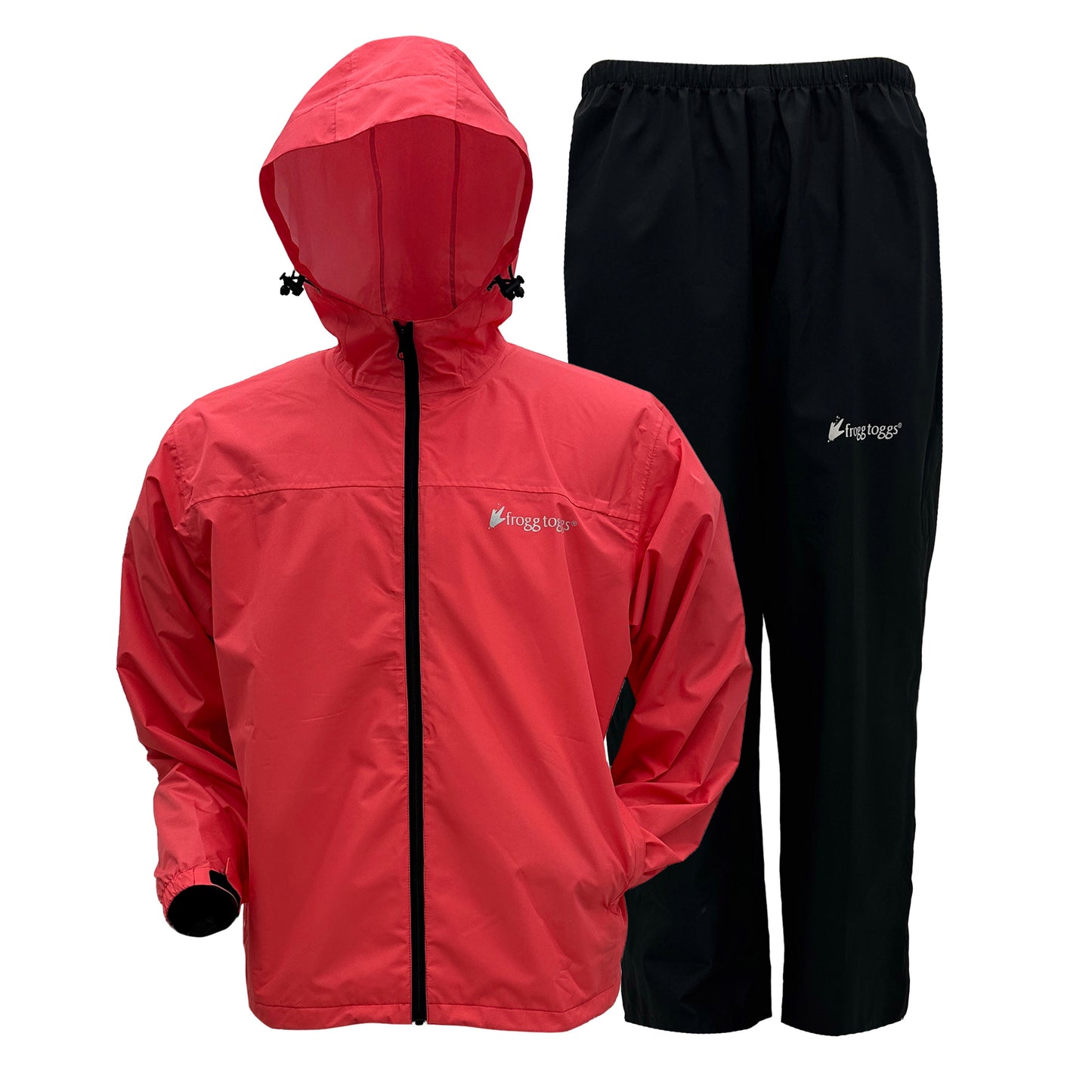 Reddish pink raincoat and black pants with a brand logo on a white background