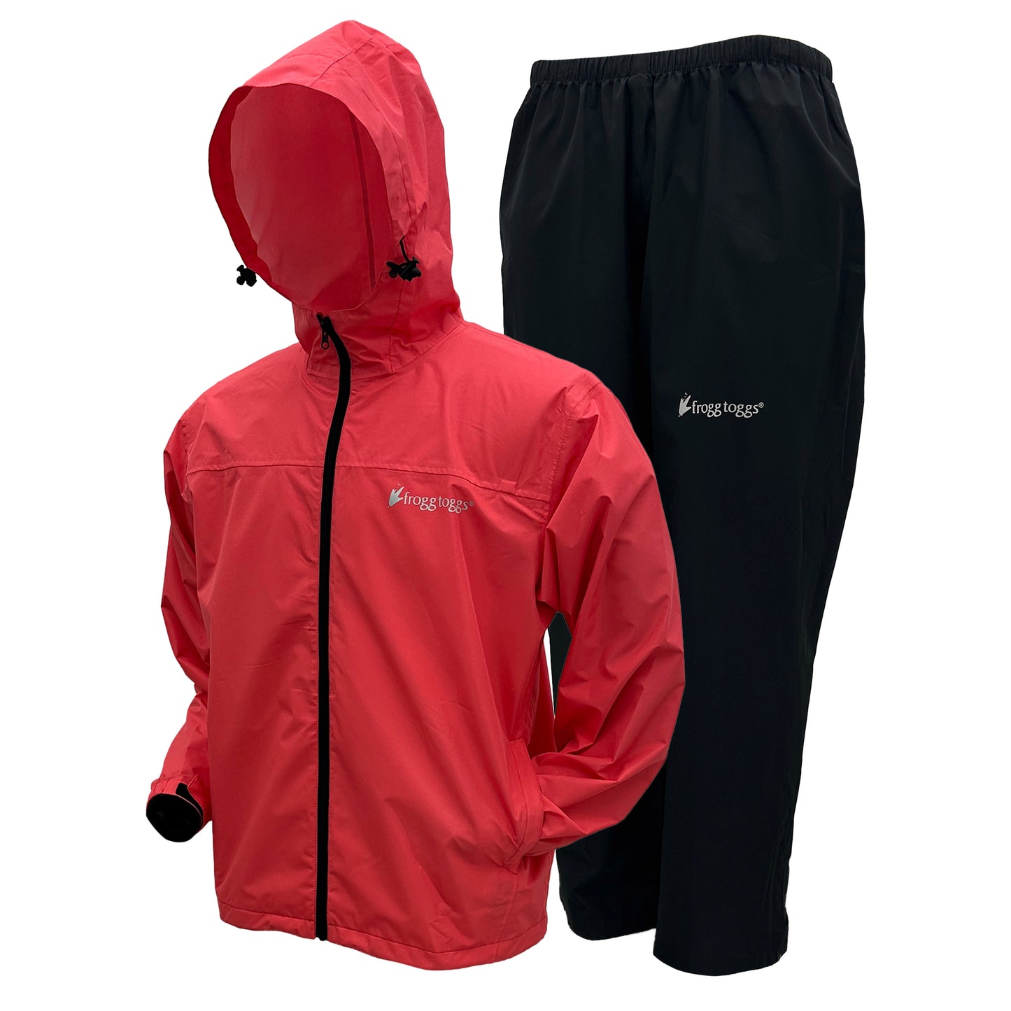 Reddish pink rain jacket and black pants with a brand logo on a white background