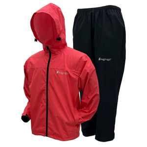 Reddish pink rain jacket and black pants with a brand logo on a white background