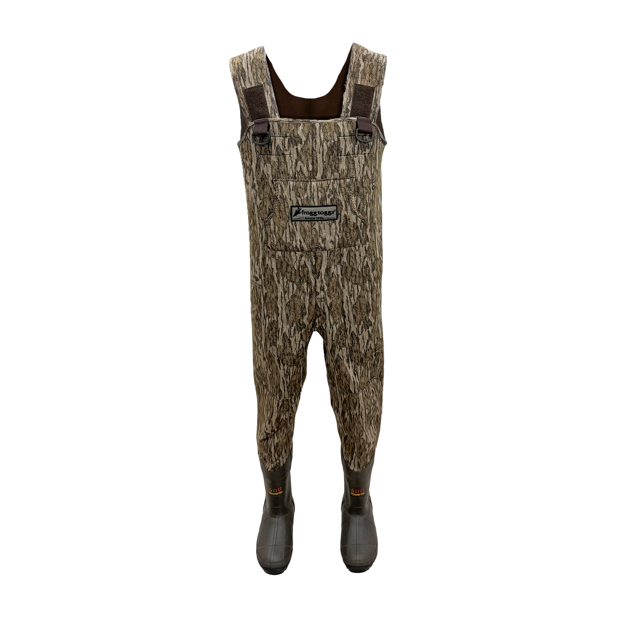 A pair of camouflage frogg toggs waders with a brown and tan woodland pattern, featuring dark gray rubber boots, shown against a plain white background