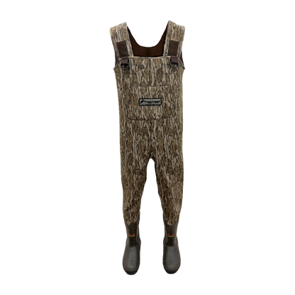 A pair of camouflage frogg toggs waders with a brown and tan woodland pattern, featuring dark gray rubber boots, shown against a plain white background