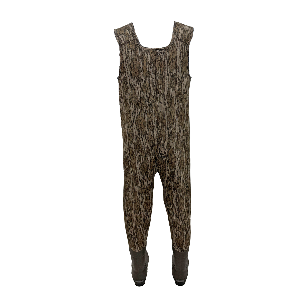A pair of camouflage-patterned frogg toggs hunting overalls with integrated brown boots, shown against a plain white background.