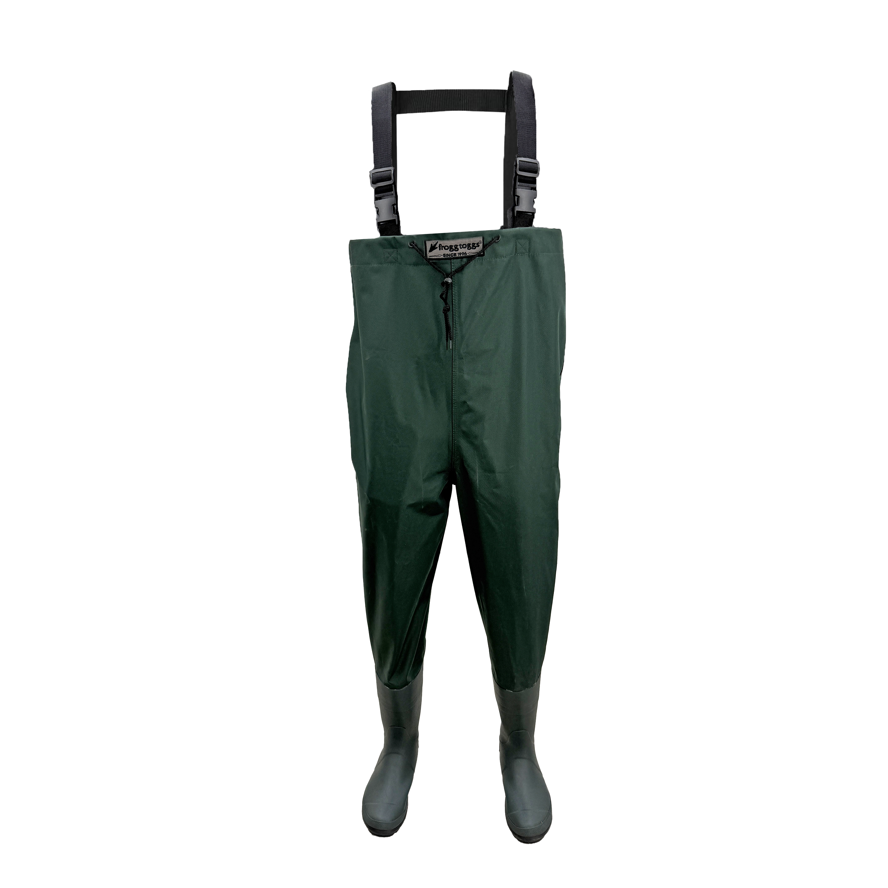 Dark green waterproof Frogg Toggs waders with black suspenders and black rubber boots, shown against a plain white background.