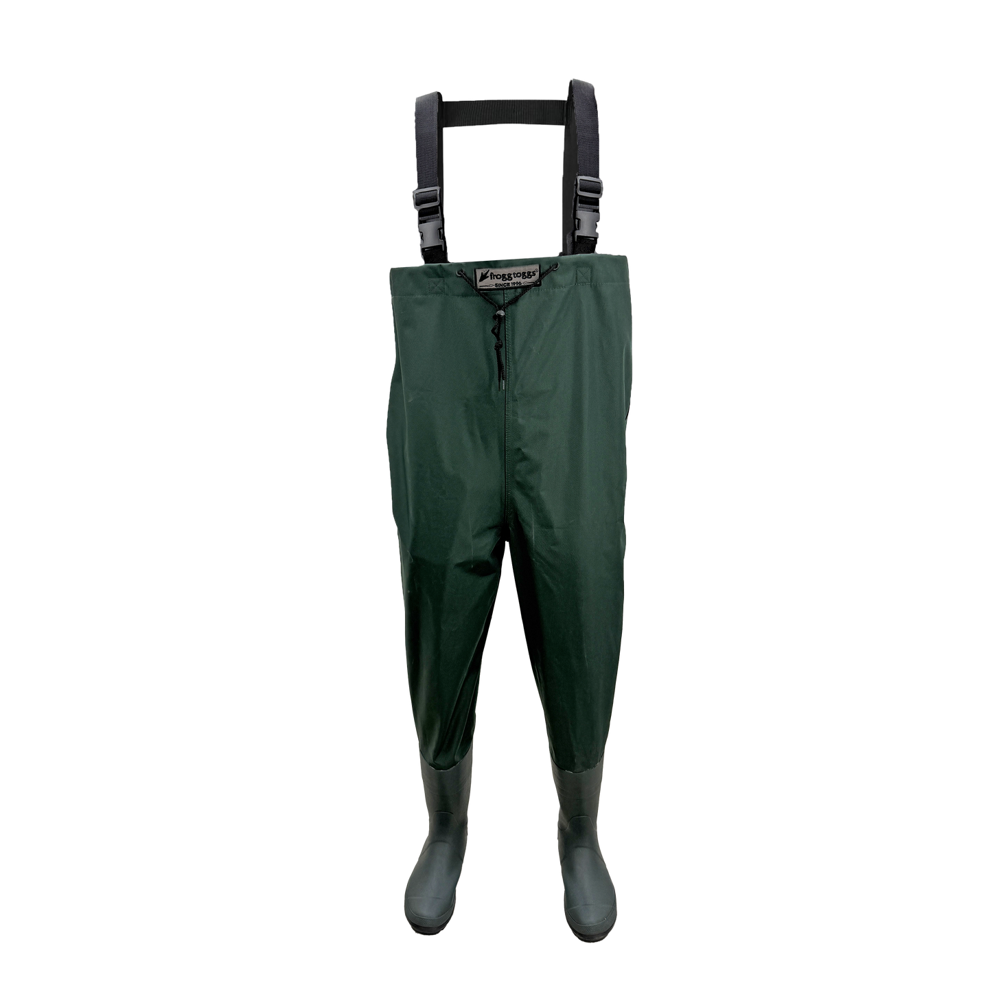 Dark green waterproof Frogg Toggs waders with black suspenders and black rubber boots, shown against a plain white background.