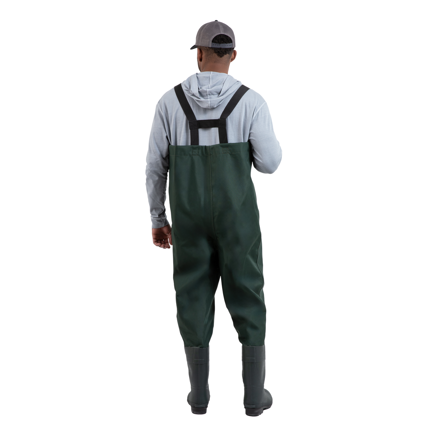 Person wearing green waders and a gray cap on a white background