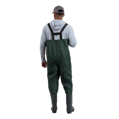 Person wearing green waders and a gray cap on a white background