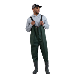 Man wearing green lug sole wader 