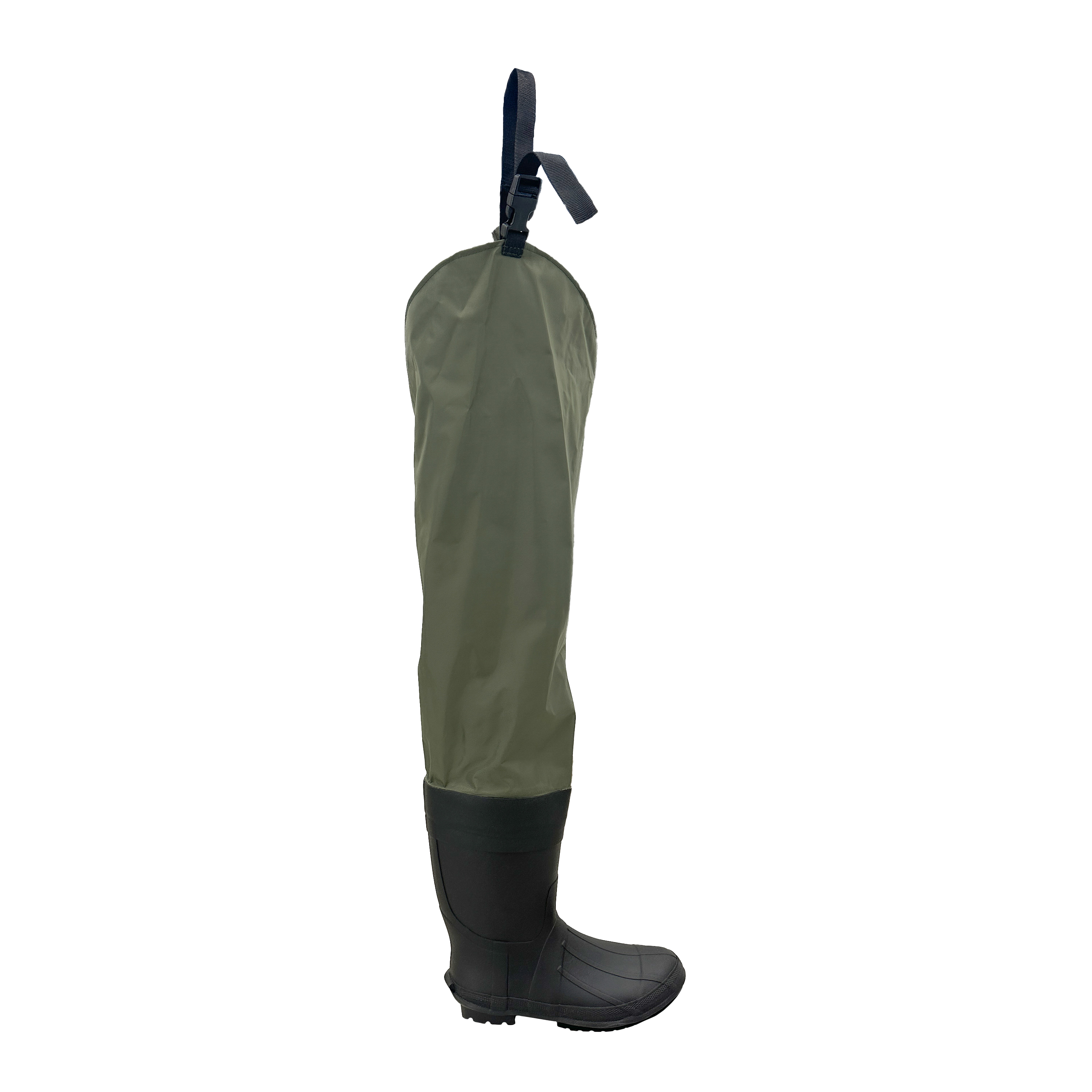Green wader with black boot on a white background