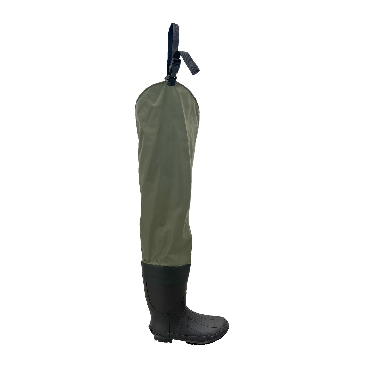 Green wader with black boot on a white background