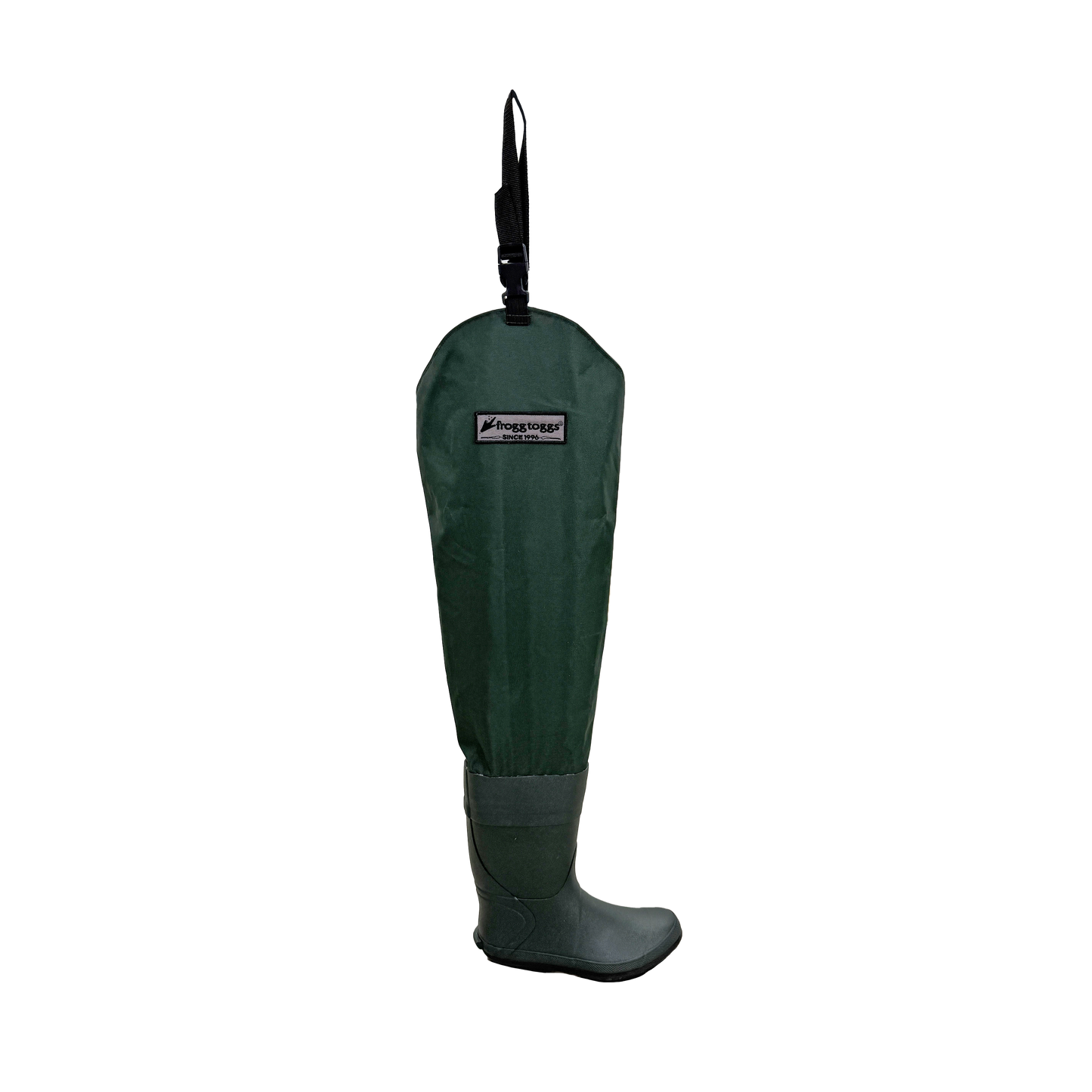 A dark green waterproof leg cover Frogg Toggs boot with a black hanging strap and a small 'Framburger' brand label on the front, shown against a plain white background.