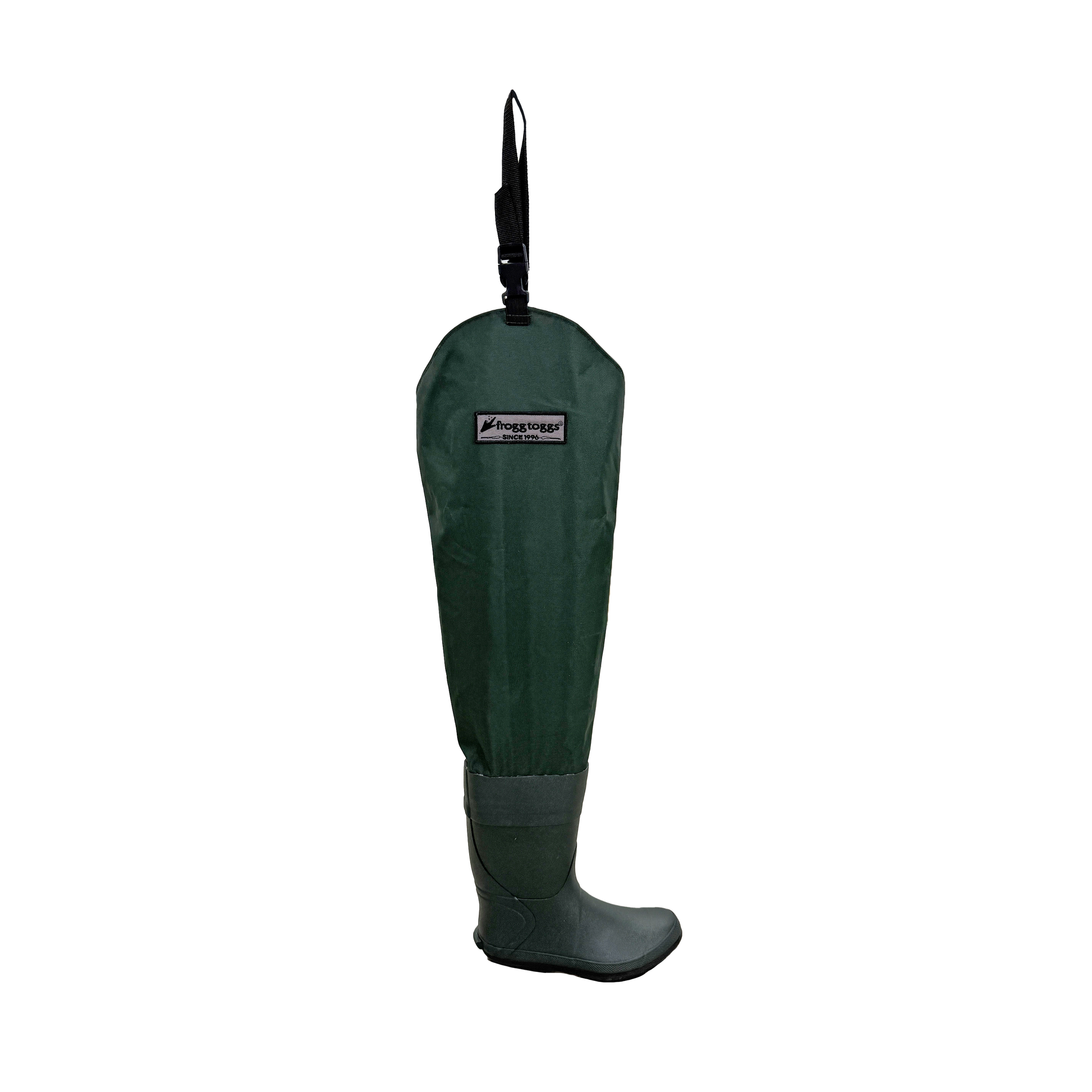 A dark green waterproof leg cover Frogg Toggs boot with a black hanging strap and a small 'Framburger' brand label on the front, shown against a plain white background.