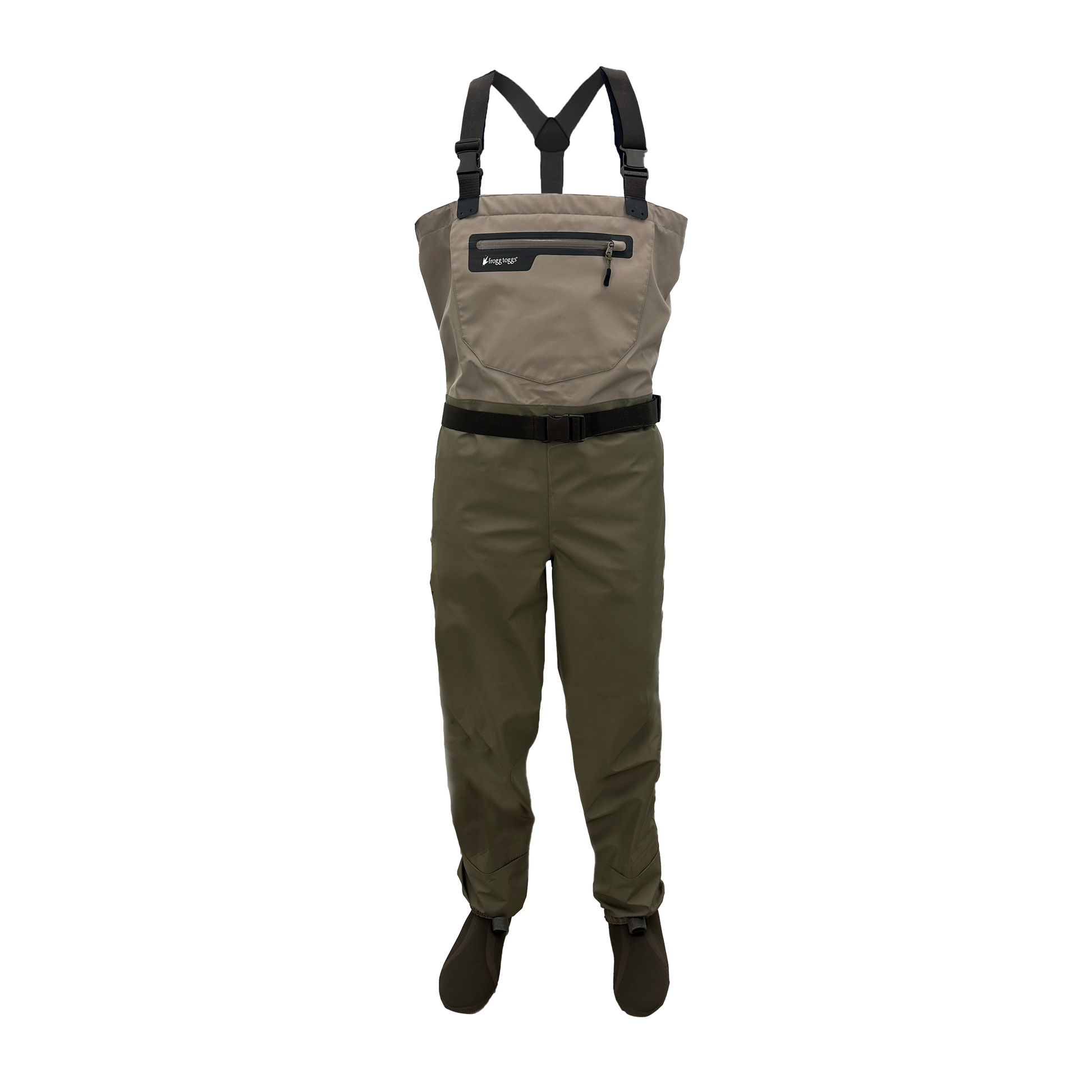 Brown and green waders with suspenders on a white background
