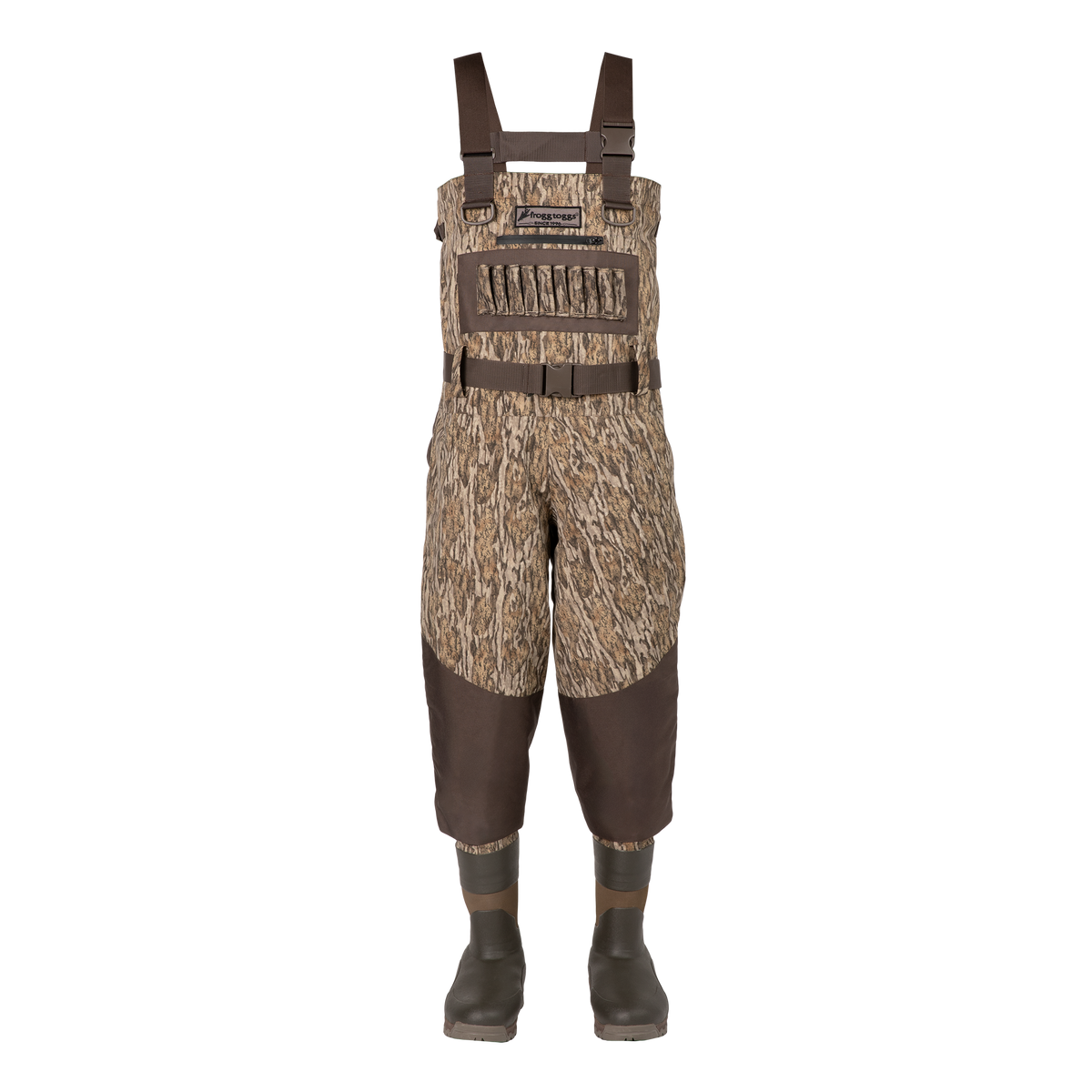 A pair of camouflage hunting waders with solid brown bib and leg patches, shown on a white background with dark brown rubber boots.