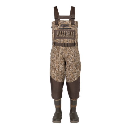 A pair of camouflage hunting waders with solid brown bib and leg patches, shown on a white background with dark brown rubber boots.