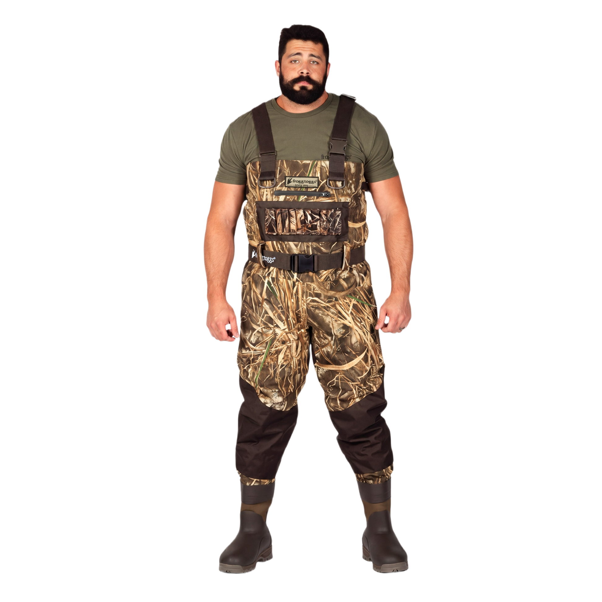 A man modeling a pair of camouflage duck waders over an olive green t-shirt and dark brown rubber boots, standing against a solid white background.