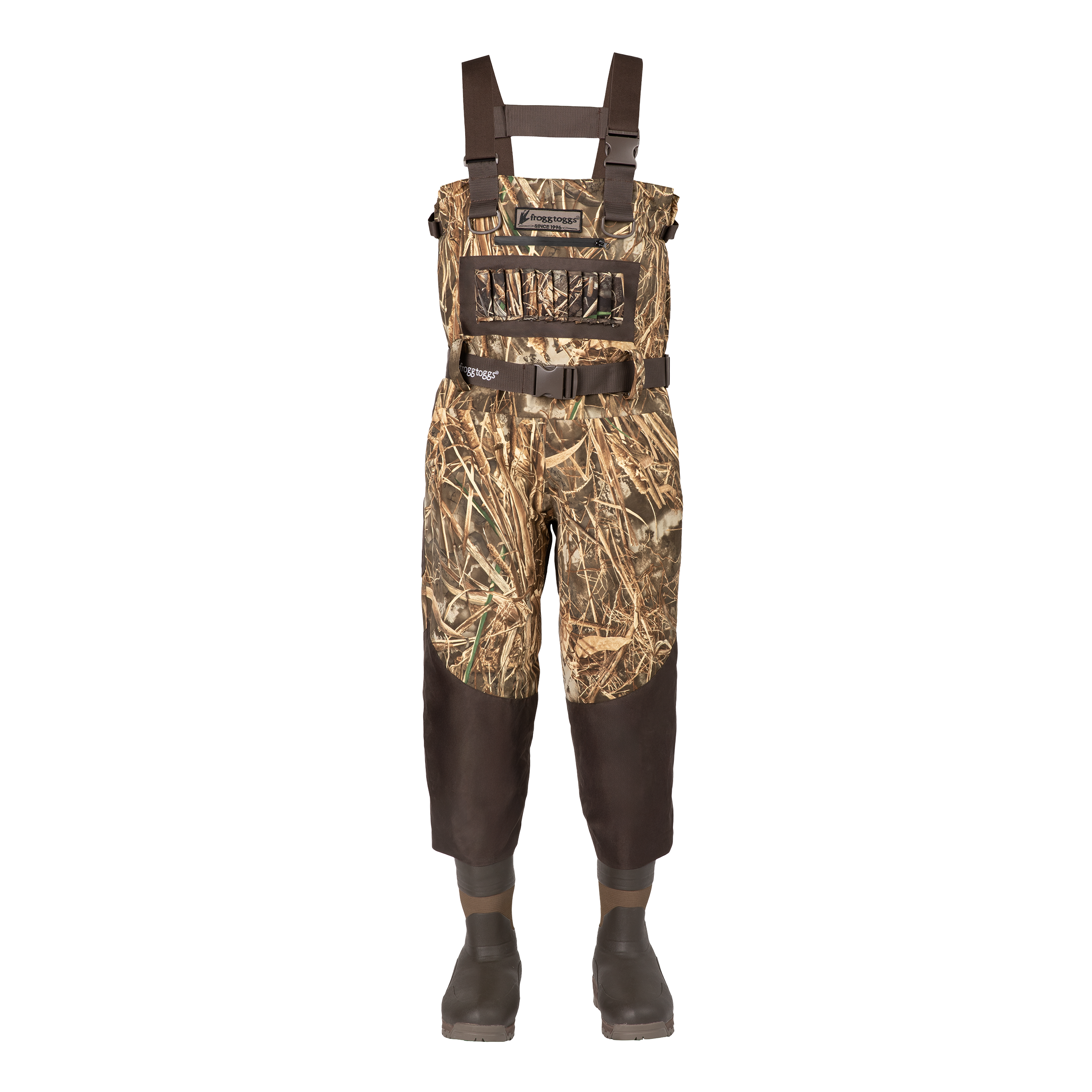 A pair of camouflage waders with brown rubber boots and suspenders, displayed on a white background.