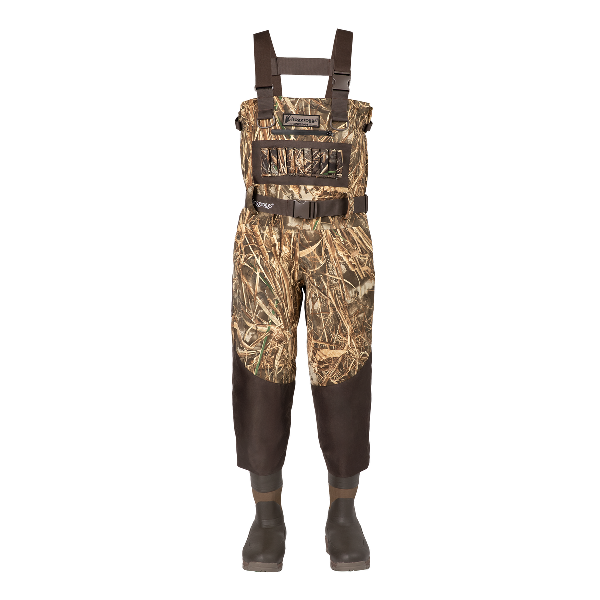 A pair of camouflage waders with brown rubber boots and suspenders, displayed on a white background.