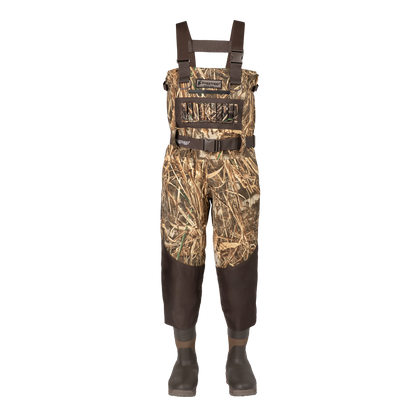 A pair of camouflage waders with brown rubber boots and suspenders, displayed on a white background.