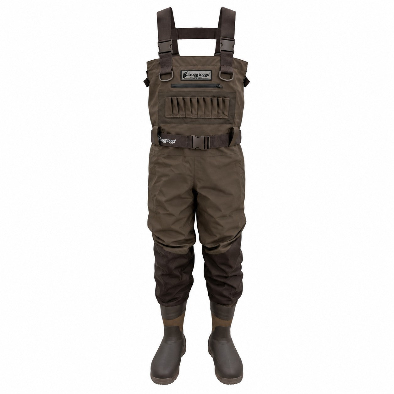Dark brown Frogg Toggs bootfoot hunting waders with brown boots.