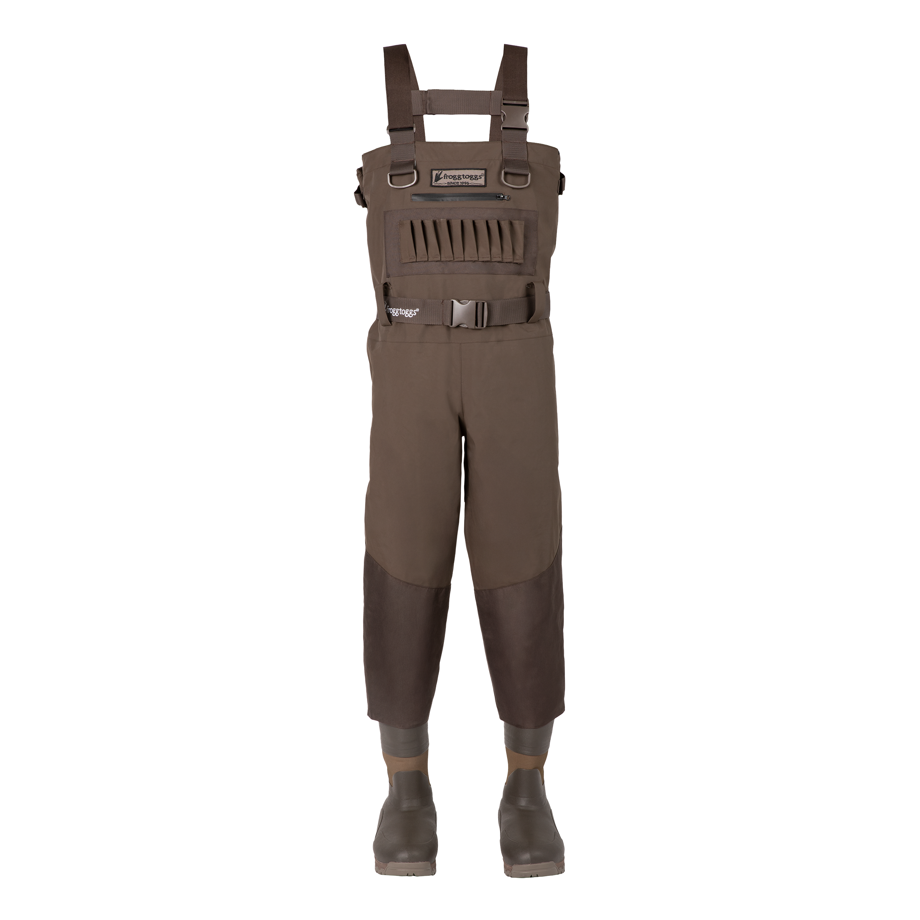A pair of brown waders with adjustable shoulder straps, a chest vent, and knee panels, shown on a white background with rubber boots.