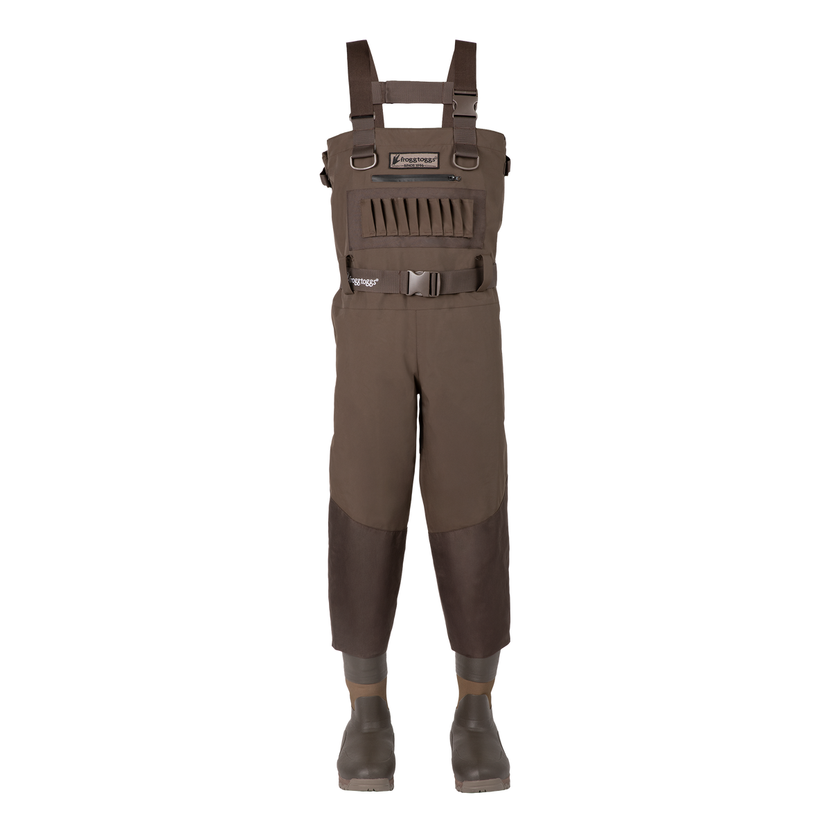 A pair of brown waders with adjustable shoulder straps, a chest vent, and knee panels, shown on a white background with rubber boots.