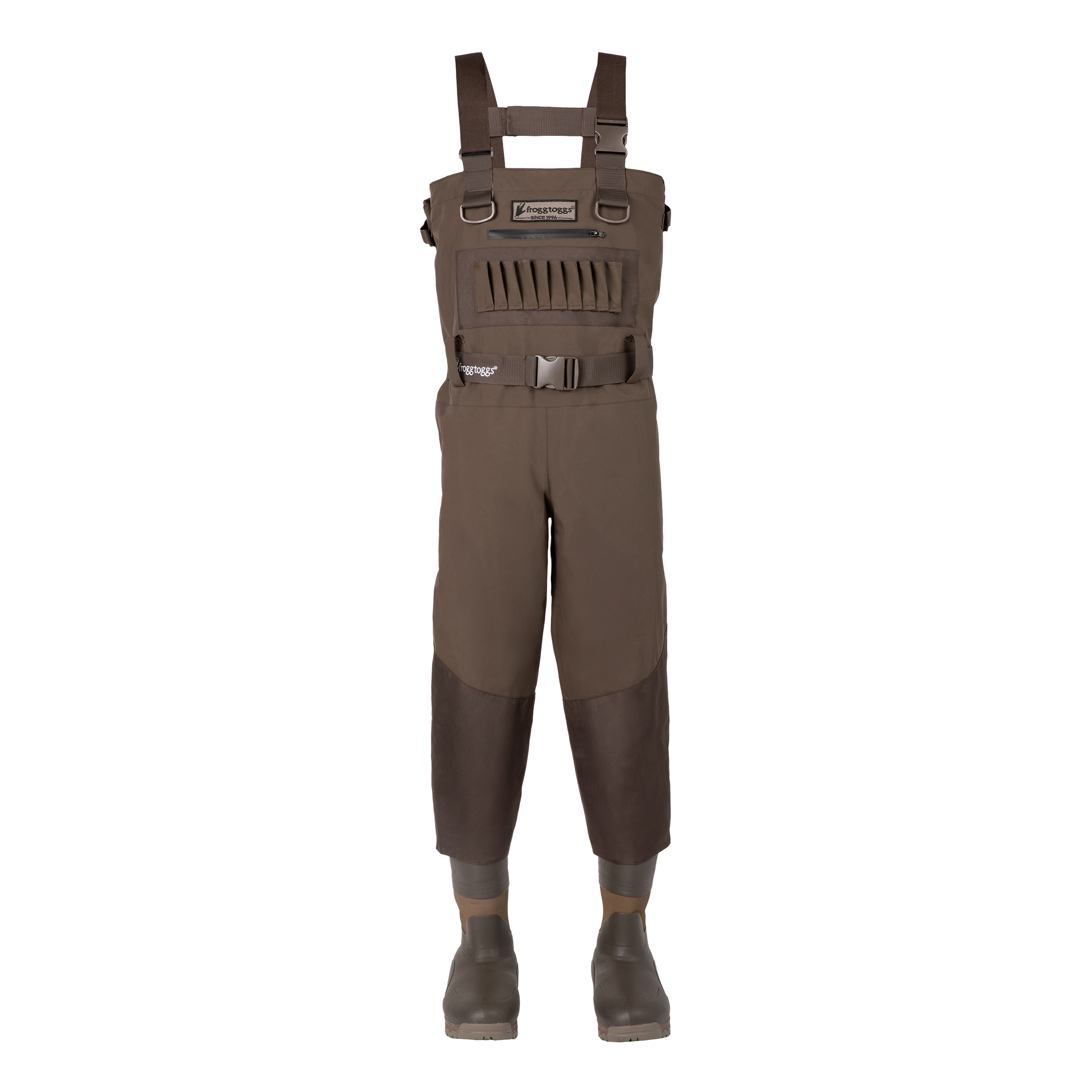 A pair of brown waders with adjustable shoulder straps, a chest vent, and knee panels, shown on a white background with rubber boots.