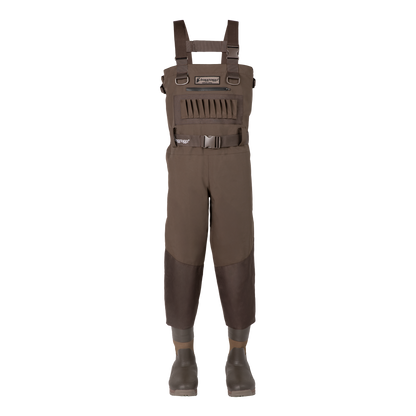 A pair of brown waders with adjustable shoulder straps, a chest vent, and knee panels, shown on a white background with rubber boots.