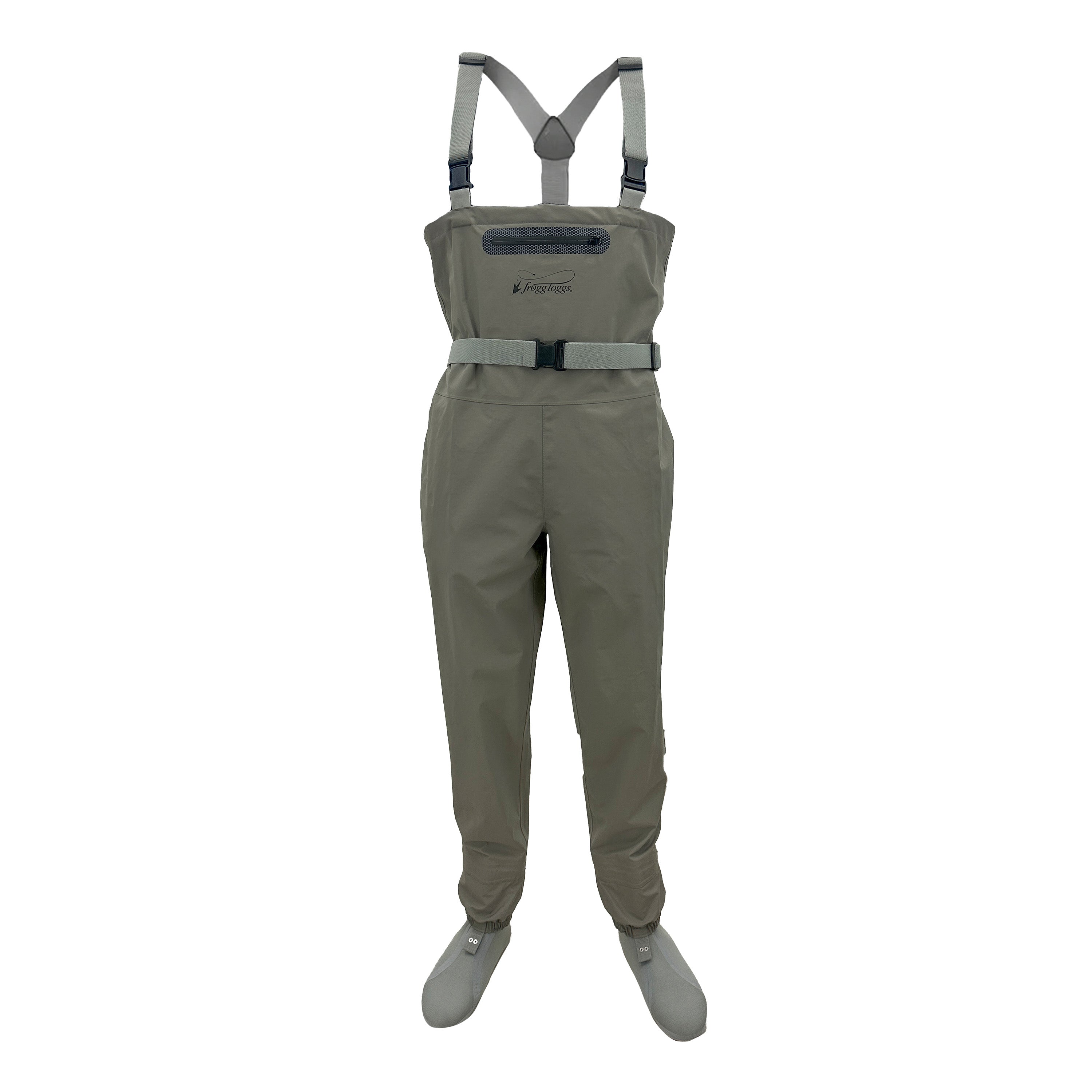 stocking foot Fishing waders with suspenders on a white background