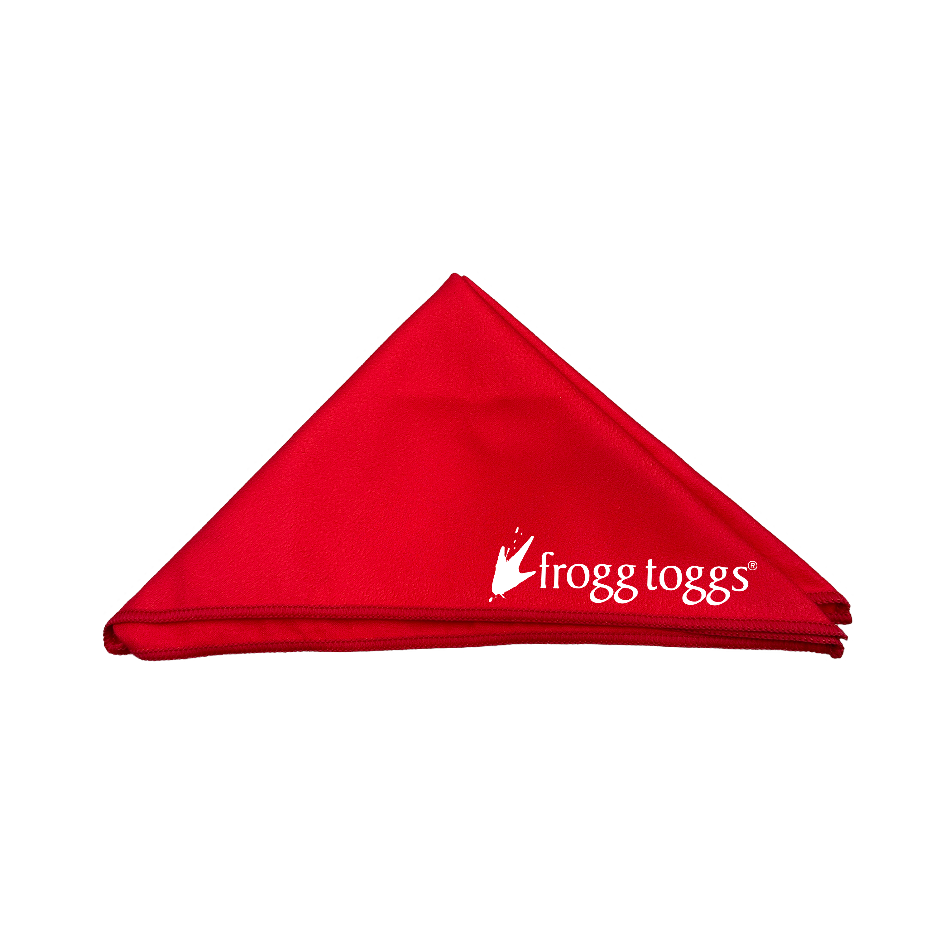 Red triangular cloth with 'frogg toggs' logo on a white background