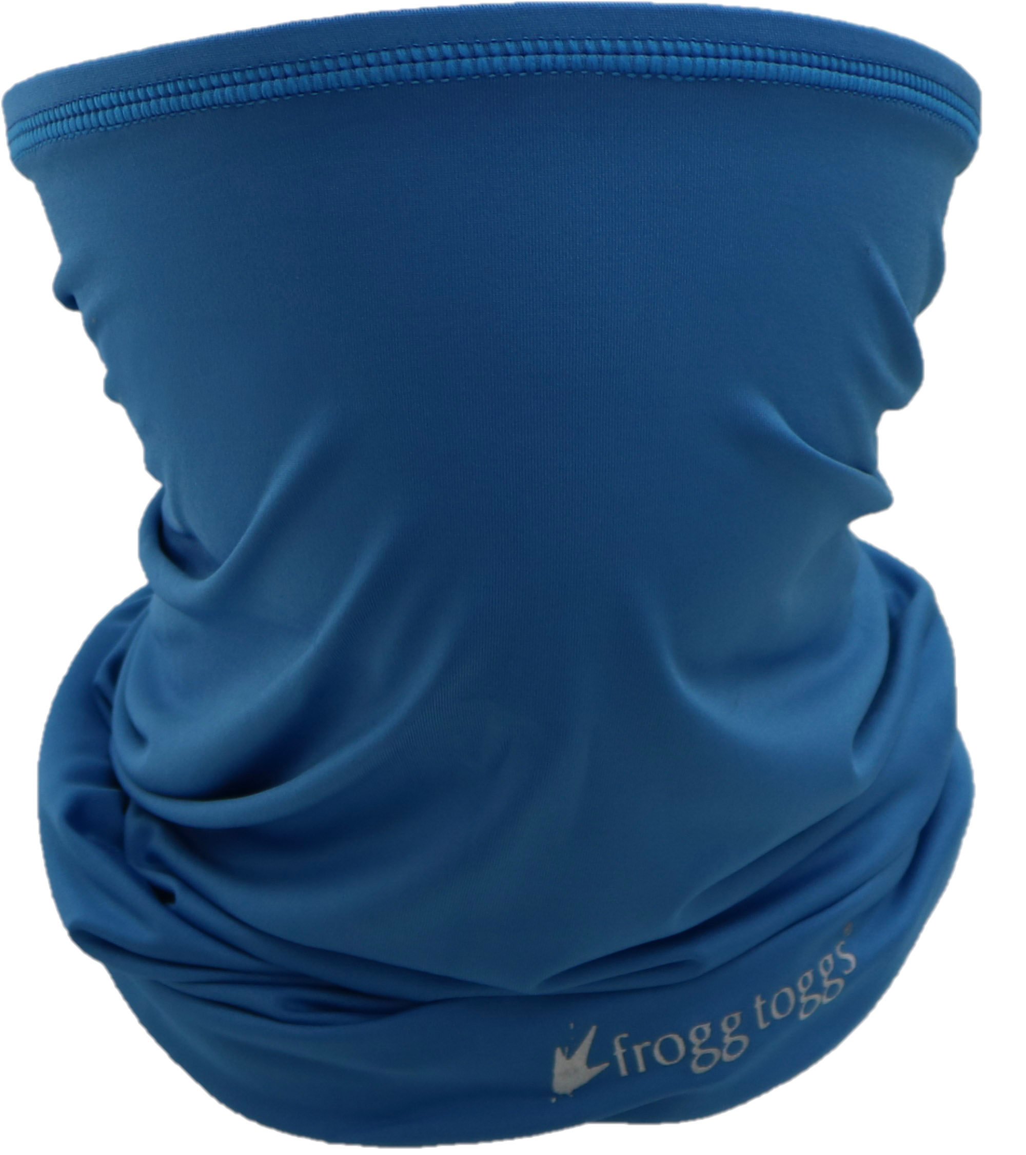 Blue neck gaiter with 'Frogg Toggs' logo on a white background