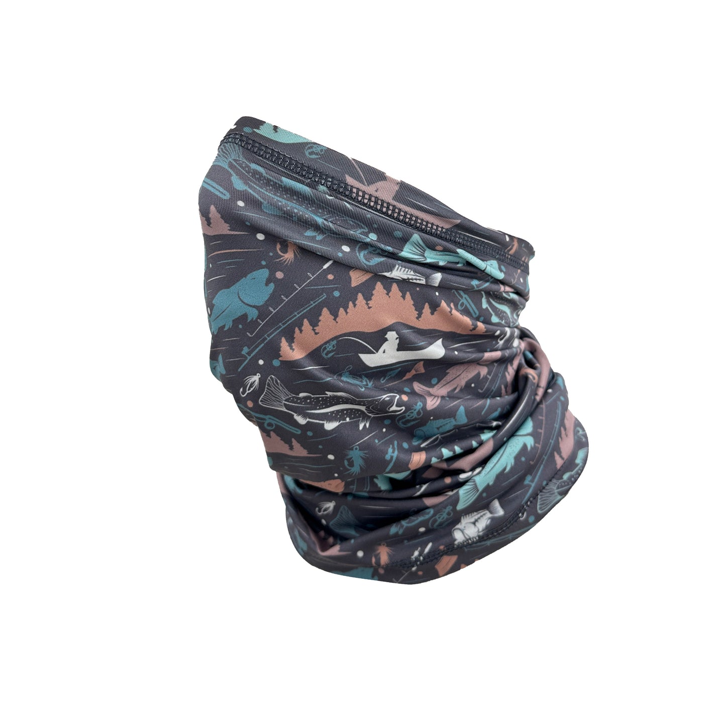 Multicolored patterned neck gaiter on a white background