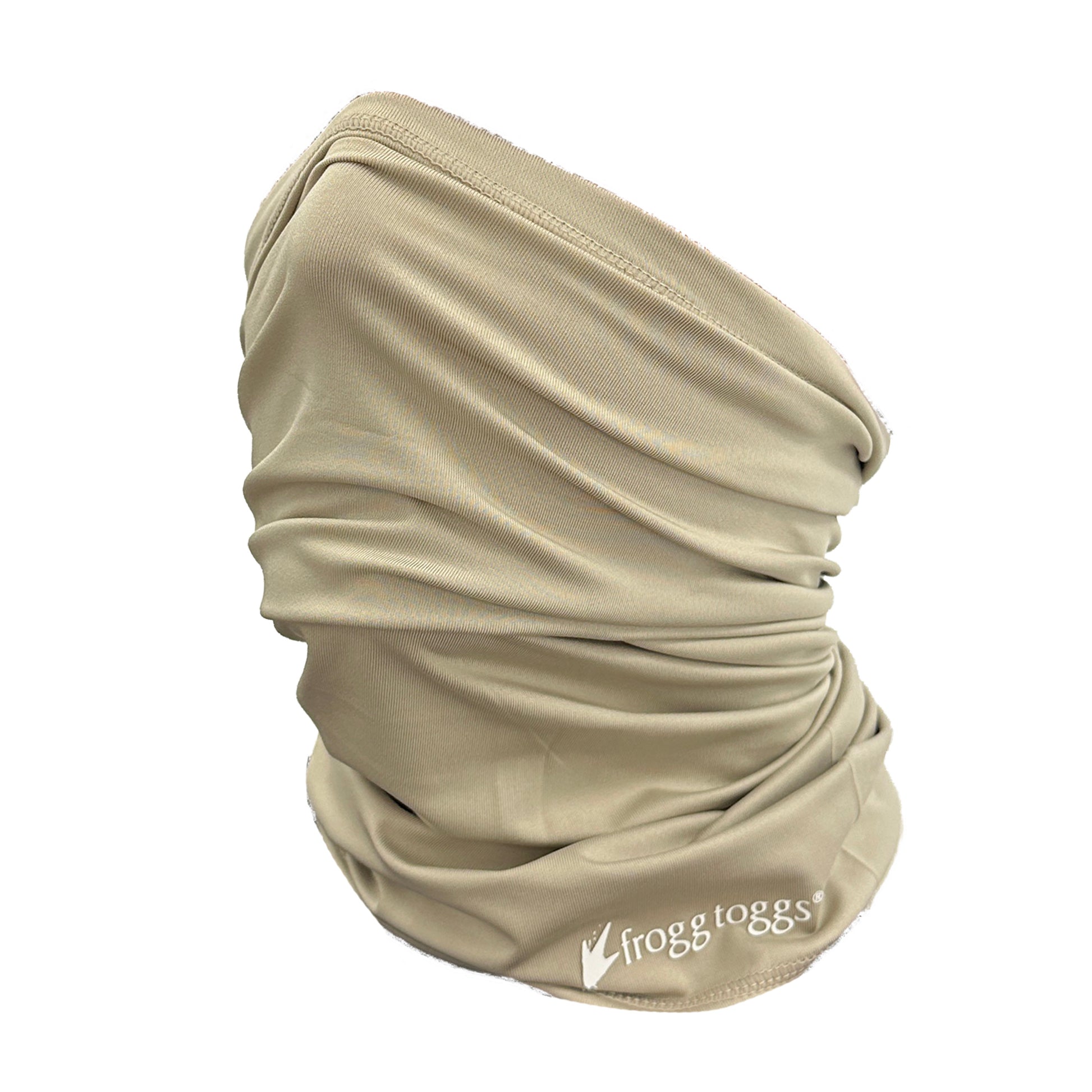 Beige neck gaiter with 'Frogg Toggs' logo on a white background